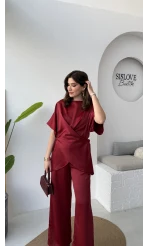 Elodia Kısa Kol Bağlamalı Saten Takım - Bordo