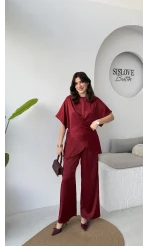 Elodia Kısa Kol Bağlamalı Saten Takım - Bordo