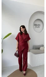 Elodia Kısa Kol Bağlamalı Saten Takım - Bordo