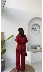 Elodia Kısa Kol Bağlamalı Saten Takım - Bordo