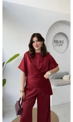 Elodia Kısa Kol Bağlamalı Saten Takım - Bordo