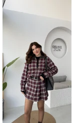 Bomber Zenaıs Ekose Desenli Pileli Şort Etek-Ceket Takım - Bordo