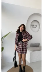 Bomber Zenaıs Ekose Desenli Pileli Şort Etek-Ceket Takım - Bordo