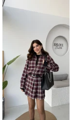 Bomber Zenaıs Ekose Desenli Pileli Şort Etek-Ceket Takım - Bordo