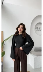 Marıs Yarasa Kol Crop Bluz - Siyah - Kod: 9128