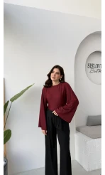 Marıs Yarasa Kol Crop Bluz - Bordo - Kod: 9128
