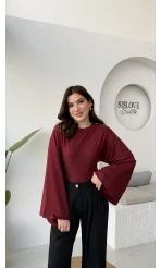Marıs Yarasa Kol Crop Bluz - Bordo - Kod: 9128