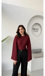 Marıs Yarasa Kol Crop Bluz - Bordo - Kod: 9128