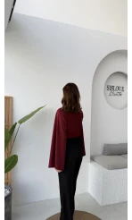 Marıs Yarasa Kol Crop Bluz - Bordo - Kod: 9128