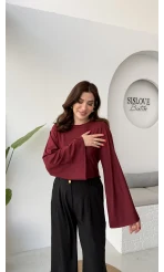 Marıs Yarasa Kol Crop Bluz - Bordo - Kod: 9128