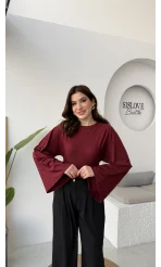 Marıs Yarasa Kol Crop Bluz - Bordo - Kod: 9128