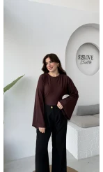 Marıs Yarasa Kol Crop Bluz - Acı Kahve - Kod: 9128