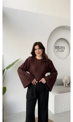 Marıs Yarasa Kol Crop Bluz - Acı Kahve - Kod: 9128