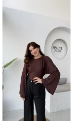 Marıs Yarasa Kol Crop Bluz - Acı Kahve - Kod: 9128