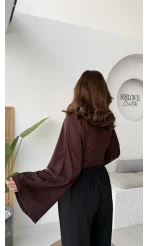 Marıs Yarasa Kol Crop Bluz - Acı Kahve - Kod: 9128