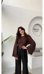 Marıs Yarasa Kol Crop Bluz - Acı Kahve - Kod: 9128