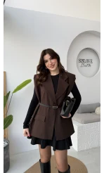 Floria Vatkalı Kemerli Yelek - Kahverengi - Kod: 7449