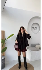 Georgia Bağlama Detaylı Dökümlü Gömlek - Siyah - Kod: 4988