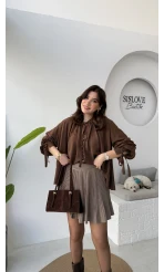 Georgia Bağlama Detaylı Dökümlü Gömlek - Acı Kahve - Kod: 4988