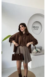 Georgia Bağlama Detaylı Dökümlü Gömlek - Acı Kahve - Kod: 4988