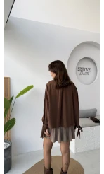 Georgia Bağlama Detaylı Dökümlü Gömlek - Acı Kahve - Kod: 4988