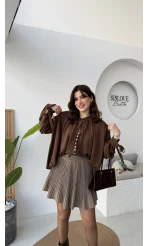 Georgia Bağlama Detaylı Dökümlü Gömlek - Acı Kahve - Kod: 4988