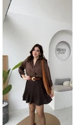 Odın Bağcıklı V Yaka Saten Gömlek - Acı Kahve - Kod: 5022