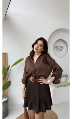 Odın Bağcıklı V Yaka Saten Gömlek - Acı Kahve - Kod: 5022