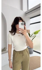 Dilvin Bisiklet Yaka Kısa Kol Triko Bluz - Ekru - Kod: 10779