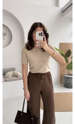 Dilvin Bisiklet Yaka Kısa Kol Triko Bluz - Açık Bej - Kod: 10779