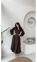 Naples Balon Kol Bel Detay Düğmeli Elbise - Acı Kahve - Kod: 2337