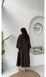 Naples Balon Kol Bel Detay Düğmeli Elbise - Acı Kahve - Kod: 2337