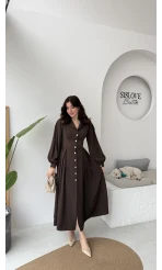 Naples Balon Kol Bel Detay Düğmeli Elbise - Acı Kahve - Kod: 2337