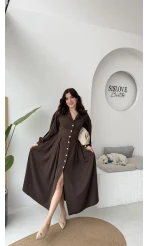 Naples Balon Kol Bel Detay Düğmeli Elbise - Acı Kahve - Kod: 2337