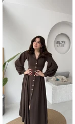 Naples Balon Kol Bel Detay Düğmeli Elbise - Acı Kahve - Kod: 2337