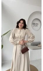 Naples Balon Kol Bel Detay Düğmeli Elbise - Taş - Kod: 2337