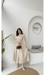 Naples Balon Kol Bel Detay Düğmeli Elbise - Taş - Kod: 2337