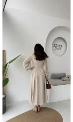 Naples Balon Kol Bel Detay Düğmeli Elbise - Taş - Kod: 2337