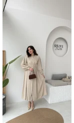 Naples Balon Kol Bel Detay Düğmeli Elbise - Taş - Kod: 2337