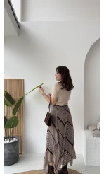 Diana Çizgili Asimetrik Kesim Şifon Etek - Kahverengi - Kod: 3373