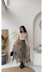 Diana Çizgili Asimetrik Kesim Şifon Etek - Kahverengi - Kod: 3373