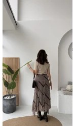 Diana Çizgili Asimetrik Kesim Şifon Etek - Kahverengi - Kod: 3373