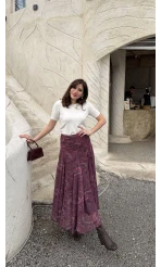 Beli Büzgülü Desenli Şifon Etek - Bordo - Kod: 0925