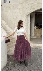 Beli Büzgülü Desenli Şifon Etek - Bordo - Kod: 0925