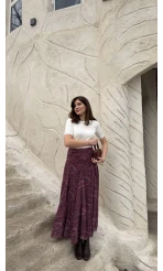 Beli Büzgülü Desenli Şifon Etek - Bordo - Kod: 0925