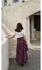 Beli Büzgülü Desenli Şifon Etek - Bordo - Kod: 0925