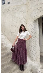 Beli Büzgülü Desenli Şifon Etek - Bordo - Kod: 0925