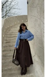 Bitter Kemerli Pileli Yırtmaç Detay Midi Boy Etek - Acı Kahve - Kod: 5043