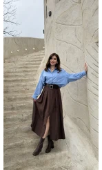 Bitter Kemerli Pileli Yırtmaç Detay Midi Boy Etek - Acı Kahve - Kod: 5043