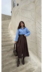 Bitter Kemerli Pileli Yırtmaç Detay Midi Boy Etek - Acı Kahve - Kod: 5043